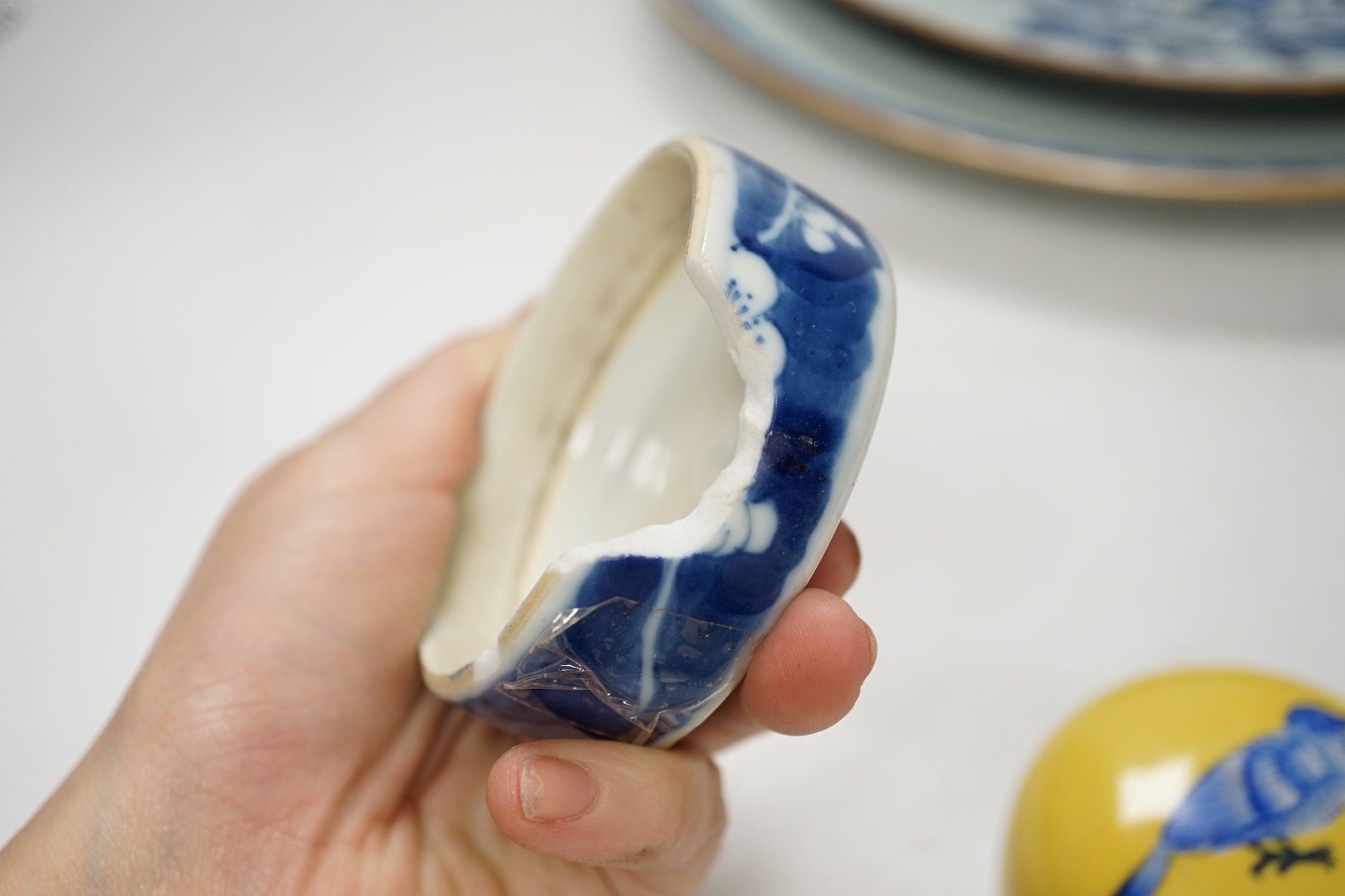 Three Chinese blue and white dishes or plates, Kangxi to Qianlong period and two later covers, largest plate 32cm diameter